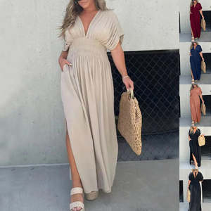 Ladieswear: Fashion Bat-sleeved V-neck Slit Dress Summer Short Sleeve Elastic Waist Long Dresses Womens Clothing