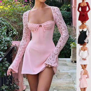 Ladieswear: Y2K  Lace Long Sleeve Dress Fashion Sexy Corset Backless Lace Up Short Dresses Womens Clothing