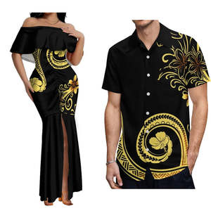 Island Wear: Elegant Off-The-Shoulder on Fishtail Skirt with Matching Men Shirt
