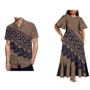 Island Wear: Women Elegant Plus Size Midi Pleated Polynesian Crew Neck Short Sleeve Dress