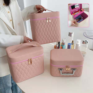 Portable Cosmetic Bag With Mirror Design Fashion Rhombus-Embroidery Double-layer&hellip;