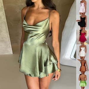 New Arrivals: Sexy Suspender Skirt For Women Elegant Slim Strap Satin Backless Lace Up A-Line Short Dress Lady