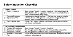 Products: Safety Induction Check List