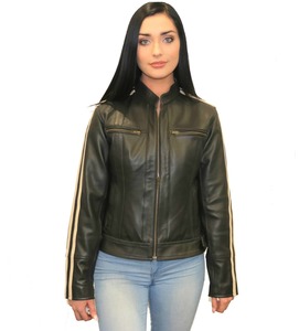 Women's Biker Style Black Leather Jacket With Twin Cream Stripes NZ