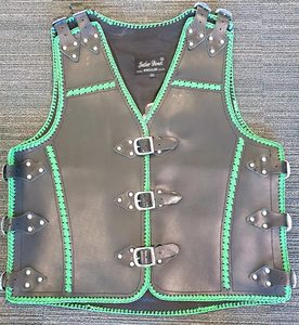 Thick Black Leather Vest With Green Trim - Leather Direct