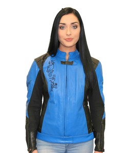 Ladies Blue/Black Embroidered Leather Jacket – LeatherDirect