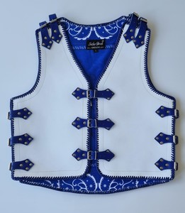 Motorcycle White Leather Vest with Blue Straps – LeatherDirect