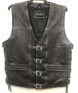 Black leather vest with buckles and white stitching – LeatherDirect