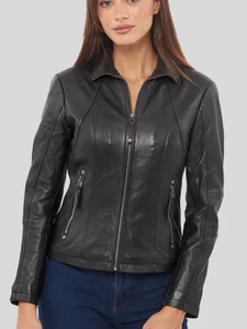 Products: Women’s Black Cafe Racer Leather Jacket: Colville