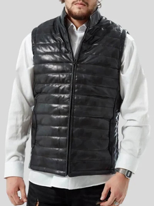 Men’s Black Sleeveless Puffer Leather Jacket: Rangiora