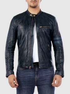 Men’s Navy Blue Cafe Racer Leather Jacket: Hope
