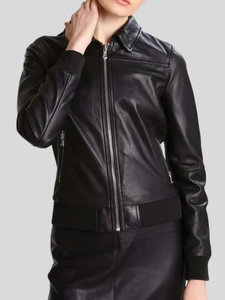 Women’s Simple Black Bomber Leather Jacket: Cust