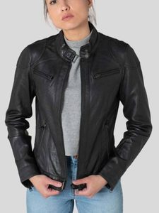 Women’s Black Cafe Racer Leather Jacket: Milton