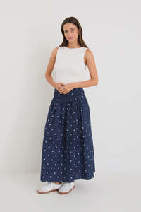 In Stock Now: Wanderlust Navy Polka Dot Shirred Waist Maxi Skirt