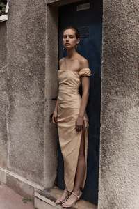 Long Dresses: SIR The Label Carmen Draped Gown - Peach
