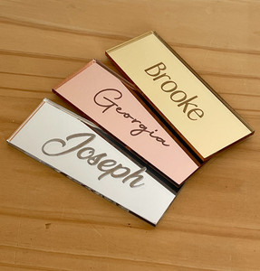 Products: Mirrored acrylic place cards - Laser engraved Leo Design Studio