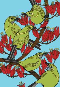 Black And White Prints: Bellbird in Flax Flowers