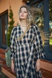 Wyatt Dress | Black camel tartan