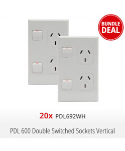 Products: Bundle PDL692WH 20x PDL 600 Double Switched Socket Vetical 10A White