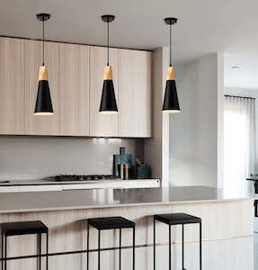 Single Pendant: Modern Slim Black & Wood Pendant Light for Kitchen Island PL0112B