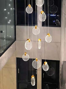 Ceiling Lights: 10-Light Chandelier in Brass with Textured Glass Spheres