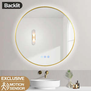 Led Mirrors: 700mm Backlit Yellow Gold/Gunmetal Grey Frame Round LED Mirror with Motion Sensor Auto On