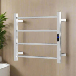 Heated Tower Rail: Silver/Black/Gun Metal 4-Bar Square Stainless Steel Heated Towel Rail, 600Wx500Hx110D Timer & Temp Control