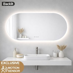 Led Mirrors: 1200x600mm Backlit Led Mirror Oblong Racetrack Motion Sensor Demister Touch Sensor Switch