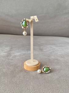 Rhea Drops: Green Oval Stone Earrings with Pearl Drop