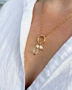 Gold Necklaces: Clear Quartz + Pearl Charm Necklace