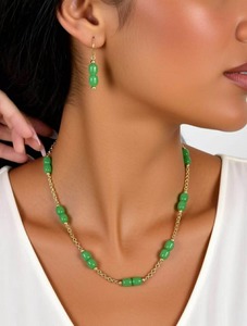 Verdant Glow – Green Bead & Gold Chain Set ✨
