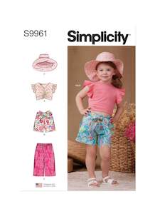Simplicity Pattern 9961 Toddlers' Shorts, Pants, Hat and Knit Top Worn Front or Back