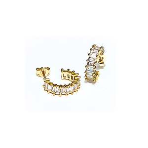 Courage And Grace: White Baguette Huggies| Gold
