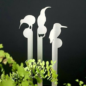 Stainless Steel: Set of 3 mini bird plant stakes, huia, kiwi, kingfisher Stainless steel