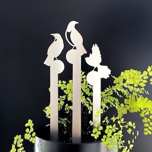 Stainless Steel: Set of 3 mini bird plant stakes, stainless steel