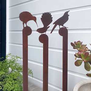 NZ corten kiwi, fantail & tui garden stakes set