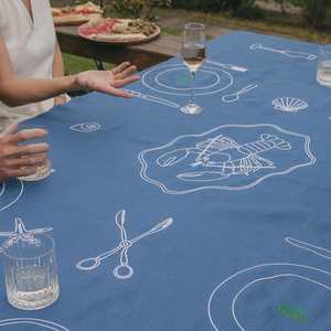 Gifts Over 200: Sea Blue 100% Linen Embroidered Tablecloth