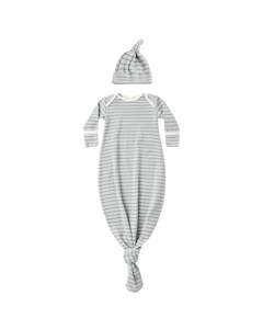 Onesies Sleepwear: KNOTTED BABY GOWN + HAT SET || STEEL BLUE MICRO STRIPE | Quincy Mae
