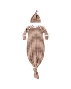 Onesies Sleepwear: KNOTTED BABY GOWN + HAT SET OS || CEDAR MICRO STRIPE | Quincy Mae