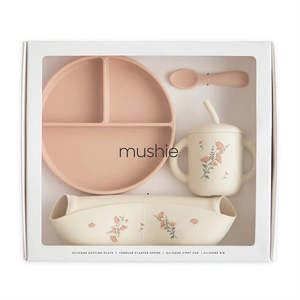 Mushie: Silicone Feeding Toddler Set - Pink Flowers | Mushie