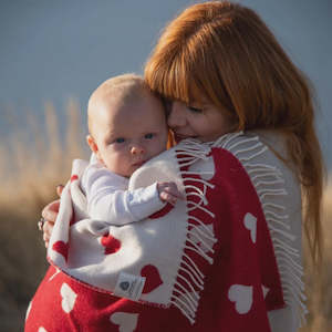 Hearts Baby Blanket Red & White 100% Merino