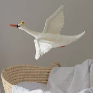 Childrens Decor: Small Flying Swan Mobile - Mustard