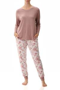 Pyjamas: Givoni 3LZ08G Ski Pyjama Gloria With Plain Modal Top (Pink/ Mocha)