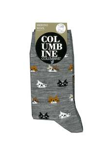 Loungewear: Merino Wool Socks – Sizes 4- 9 (Kitty Faces)(Black Grey Stripe)