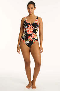 One Piece Swimsuit: Sea Level Juniper Cross Front Multifit One Piece Swimsuit (Black Floral)