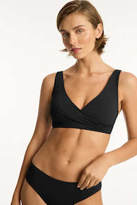Bikini Tops: Sea Level Eco Essentials Cross Front Multifit Bra (Black) (Night Sky)