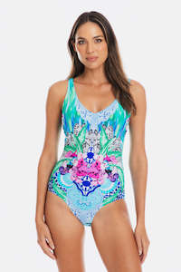 Mastectomy: Togs Granada V Neck Plunge One Piece Swimsuit (Blue)