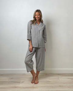 Pyjamas: Linens Unlimited Cotton Stripe 3/4 PJ Set (Grey Pinstripe)