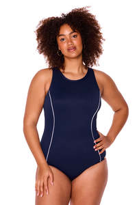 Genevieve CR1 672 CJ Chevron Jacquard High Neck Racer One Piece Swimsuit (Navy)