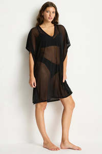 Resortwear: Sea Level Essentials Mesh Kaftan (Black)